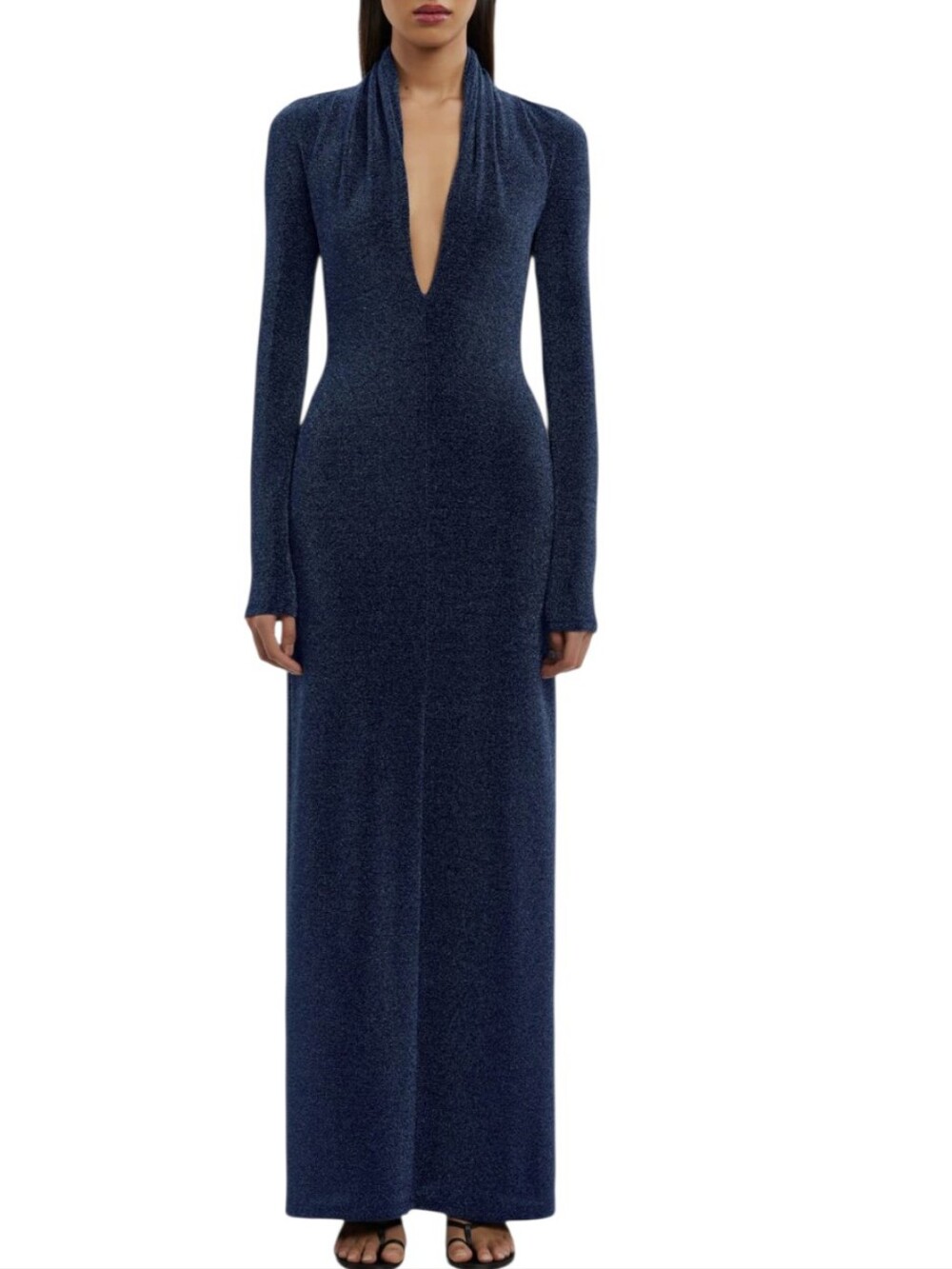 Significant Other Selena Metallic Long Sleeve Open Back Jersey Gown..Size 8